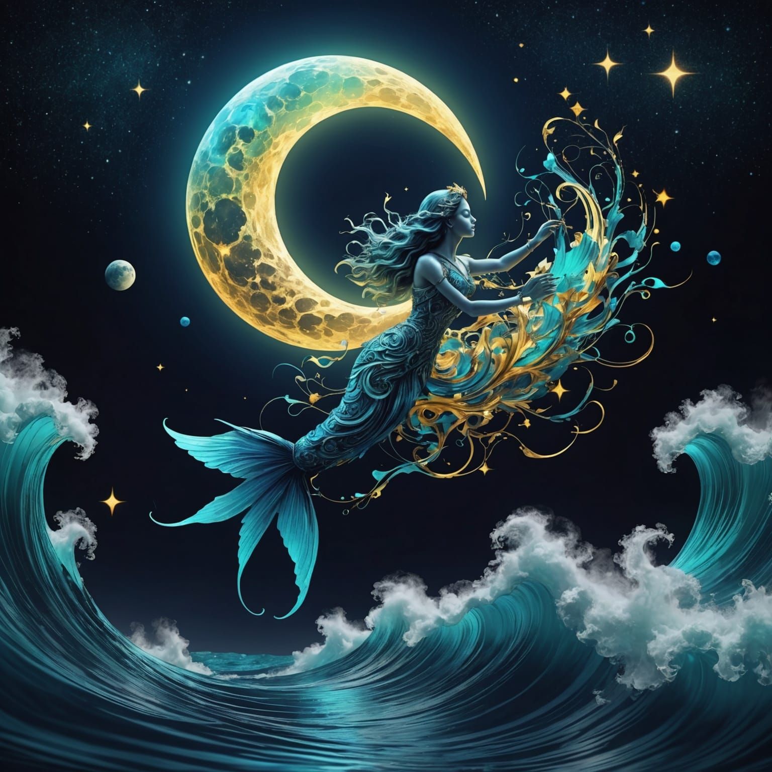 Luminescent Moon Goddess in Glitch Art Style