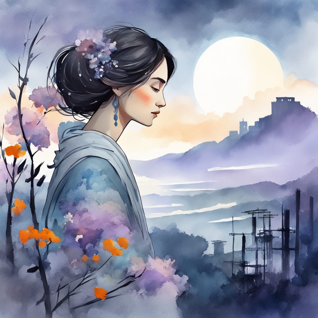 Woman with Cityscape Hair in Watercolor Style