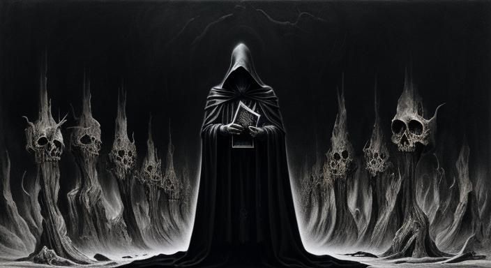 Surreal Figure at Crossroads, Surrounded by Dark Landscape a...