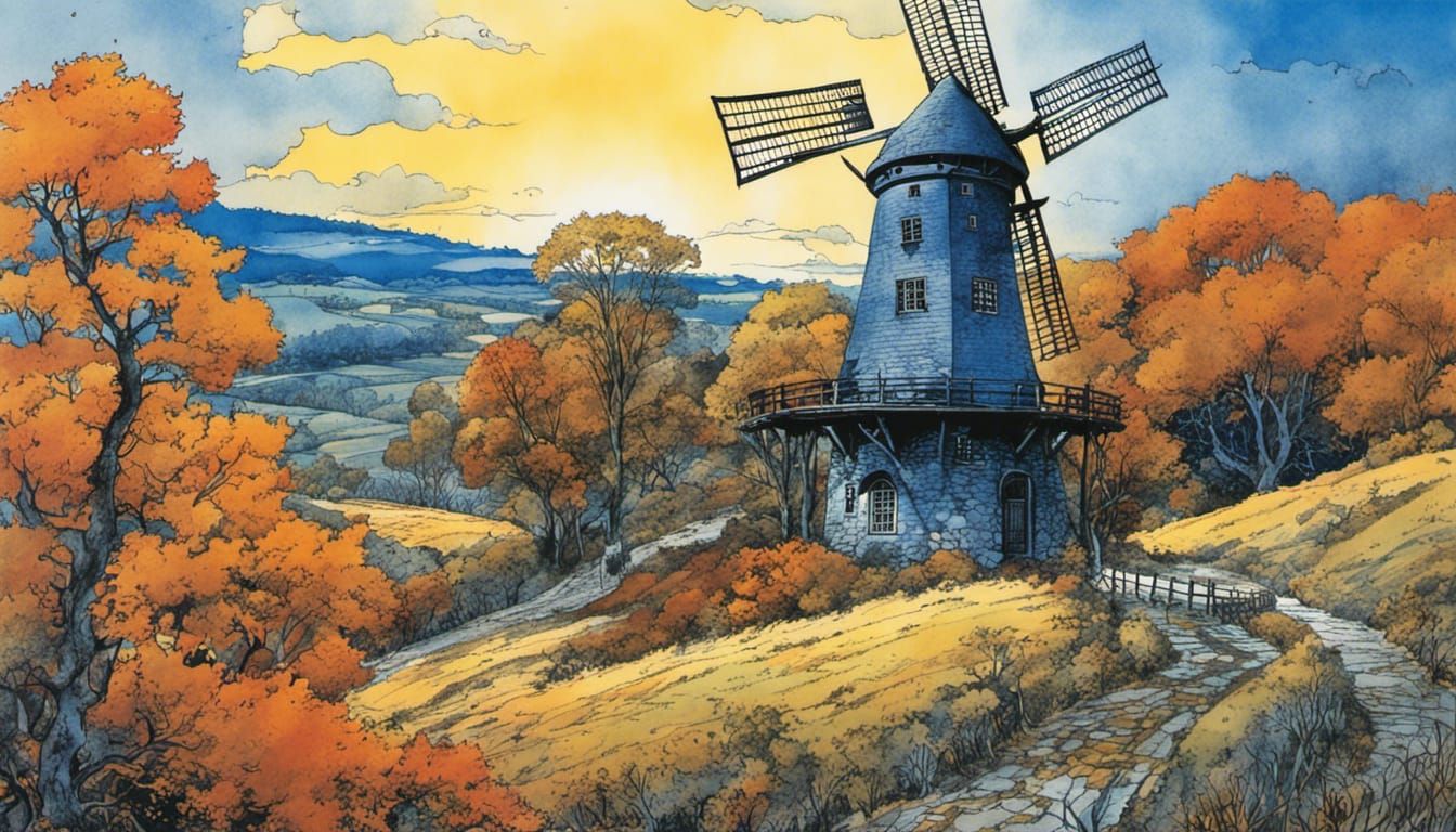 Autumn Windmill in Art Nouveau Ink Drawing