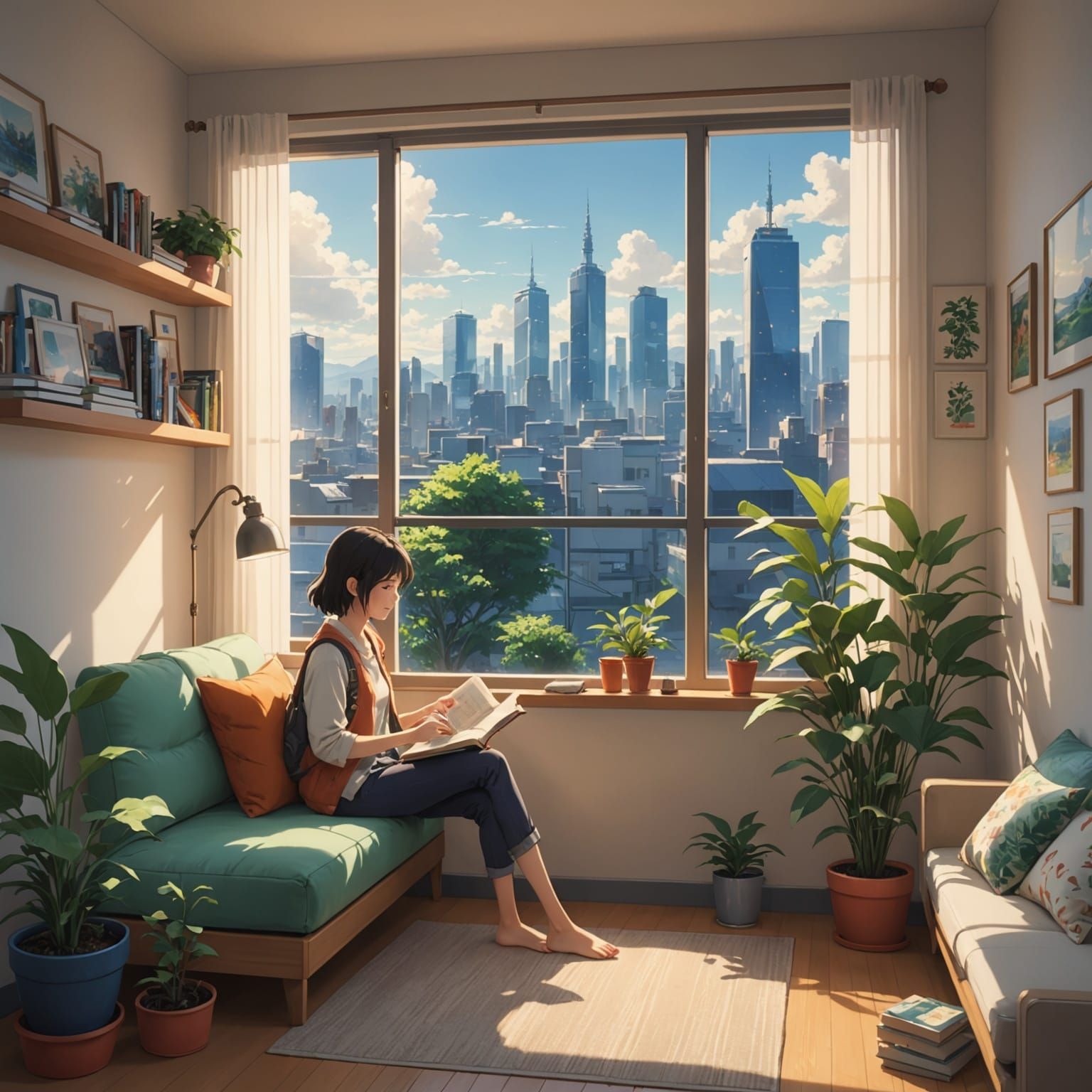 Sun-Drenched Room with Anime City View