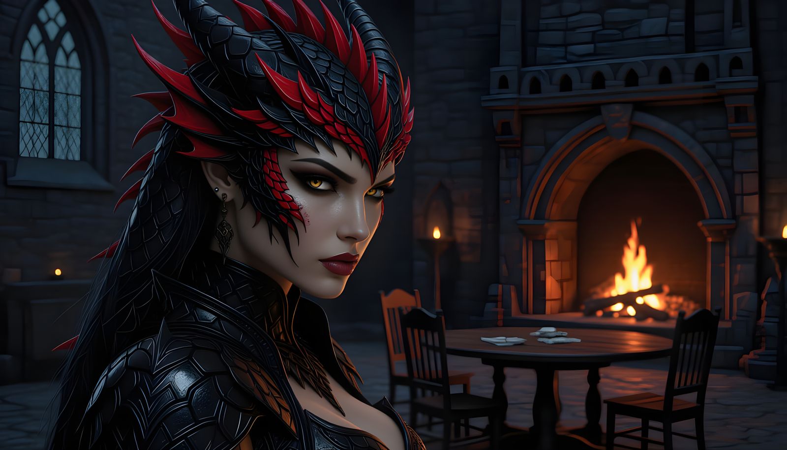 Dragon Woman in Gothic Castle at Night