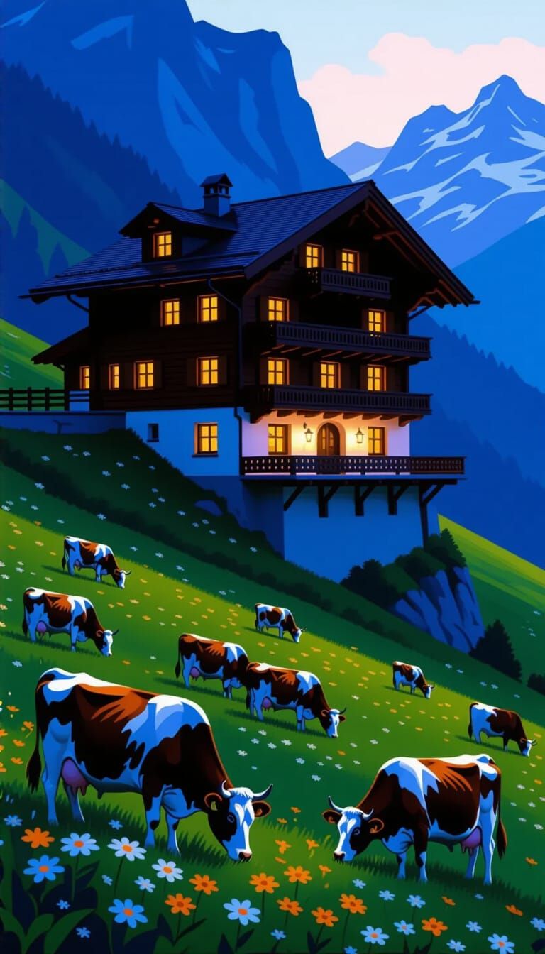 Majestic Swiss Alps Chalet at Twilight with Grazing Cows