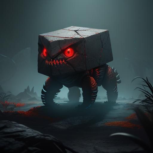Cube Creature Hovering with Glowing Eyes