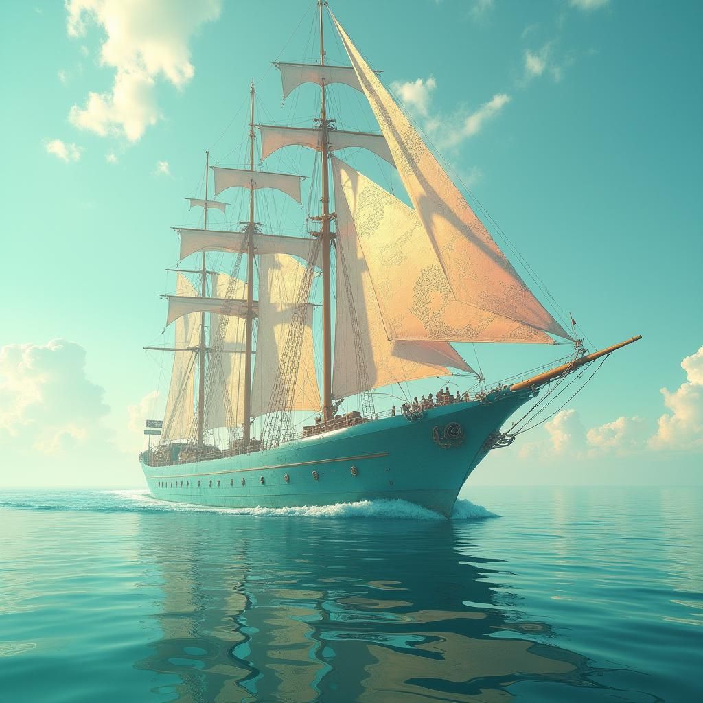 Futuristic Sailing Ship with Solar Sails in Digital Art Styl...