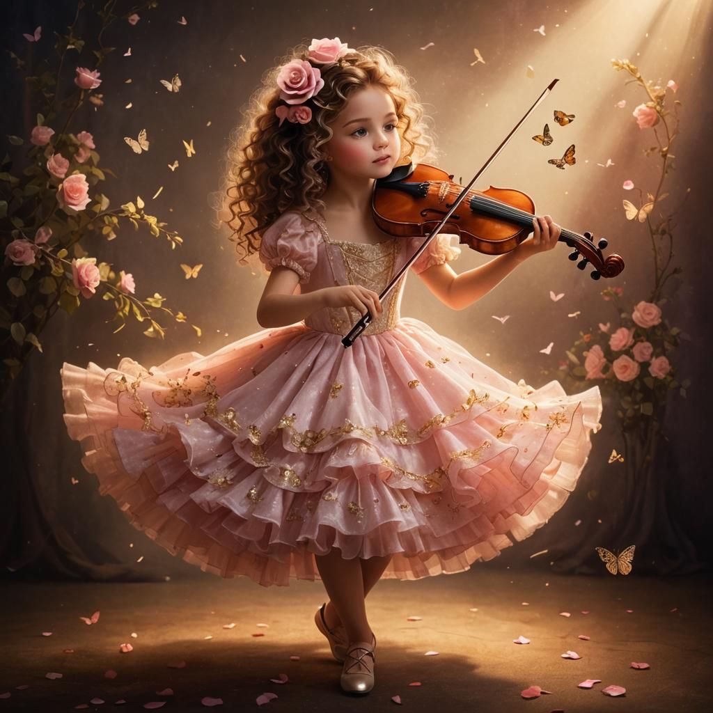 Girl Playing Violin with Roses, Magical Atmosphere