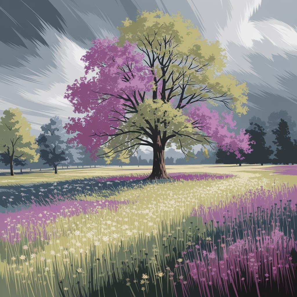 Impressionistic Meadow with Tree and Cloudy Sky