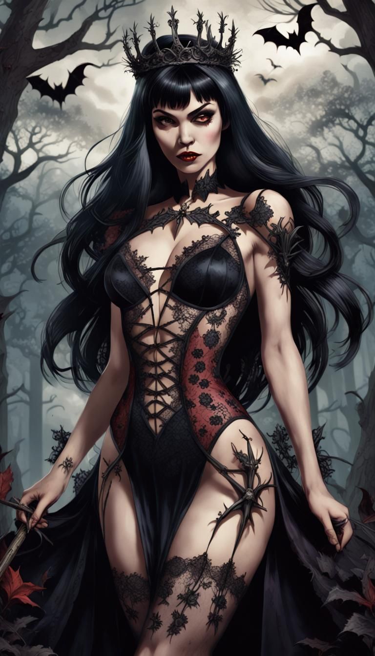 A captivating illustration of Vampirella transformed into a dark fairy. She wears a gothic dress adorned with intricate ...
