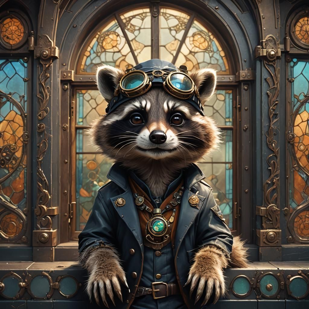 Steampunk Raccoon with Tiffany Window, Digital Art