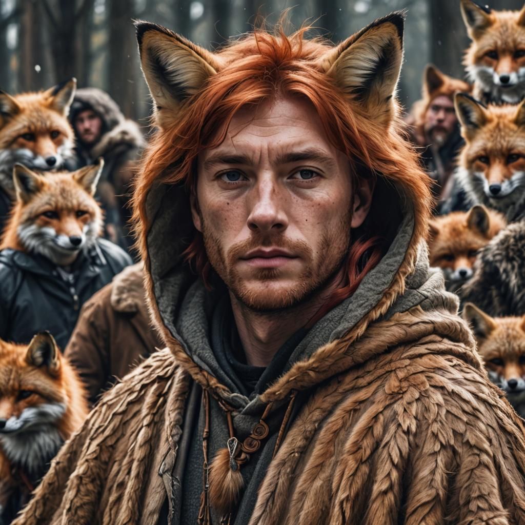 Fox-Eared Man in Animal Fur Poncho, Hyperrealistic