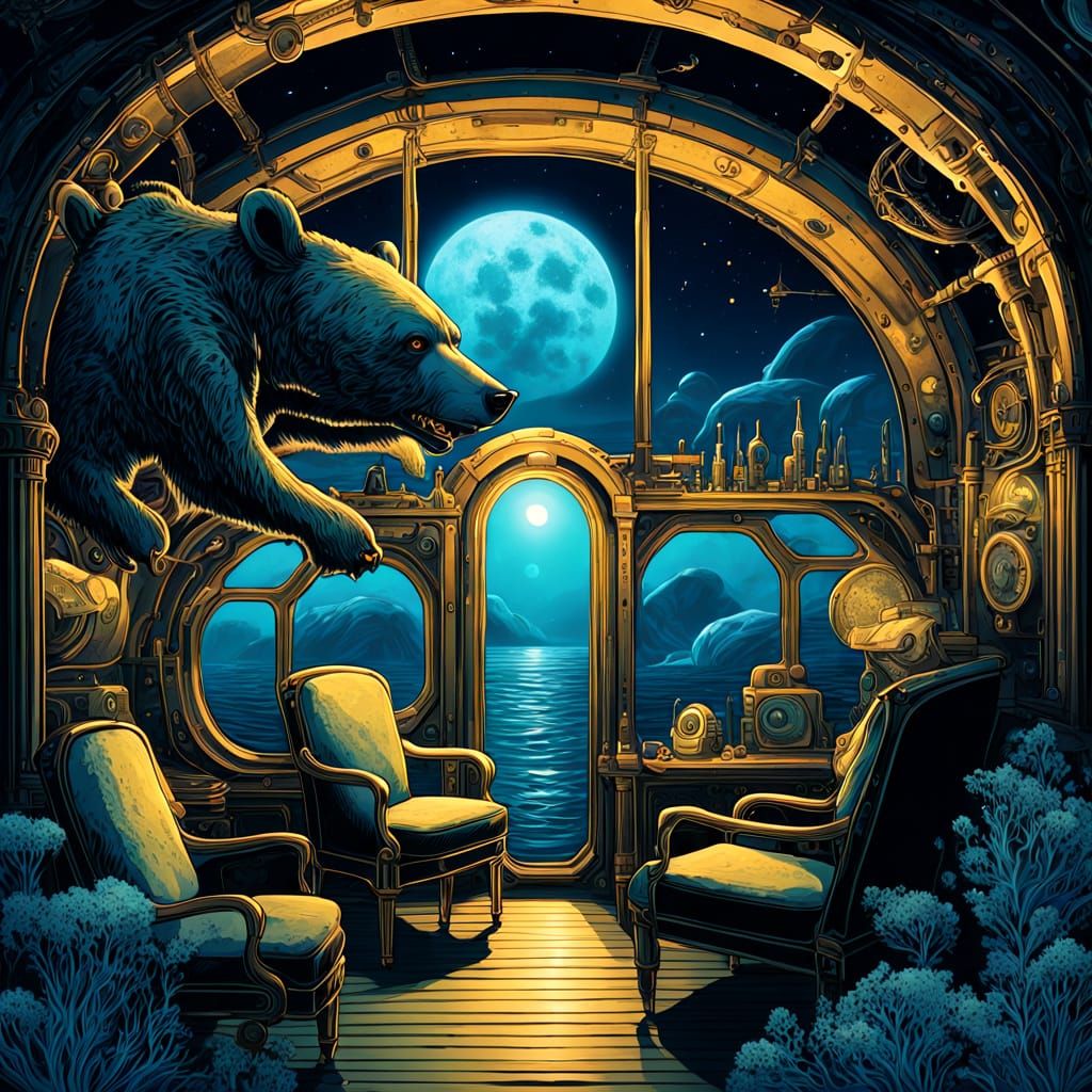Steampunk Black Bear Submarine in Alien Ocean