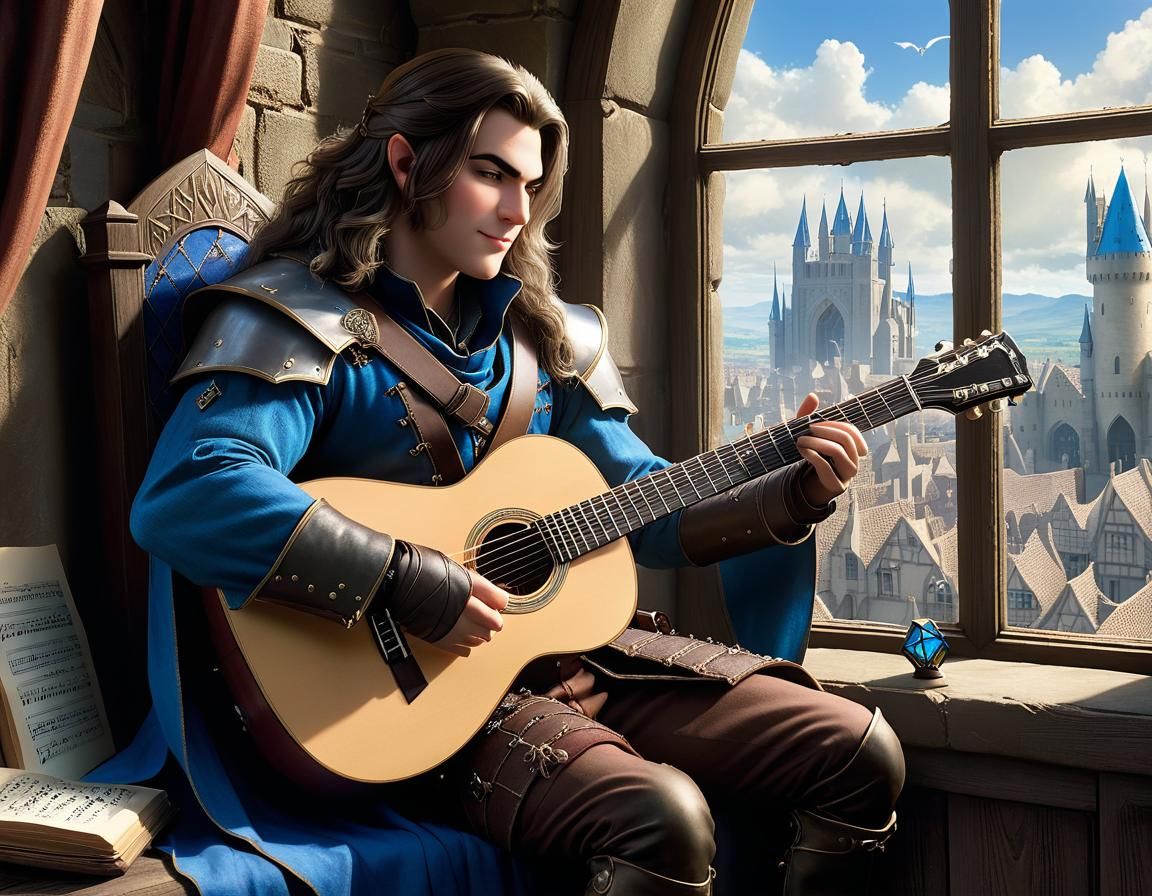 D&D Bard Plays Guitar in Medieval City