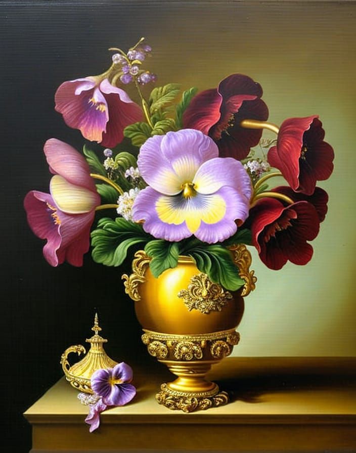 Baroque Pansies Bouquet in Gold Vase