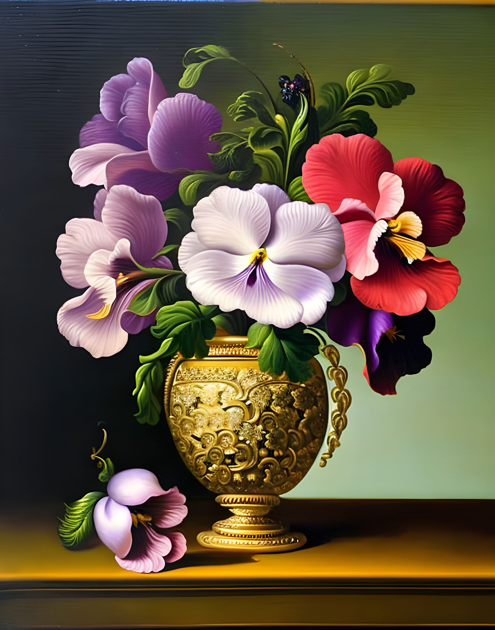 Purple Pansies Bouquet in Ornate Gold Vase