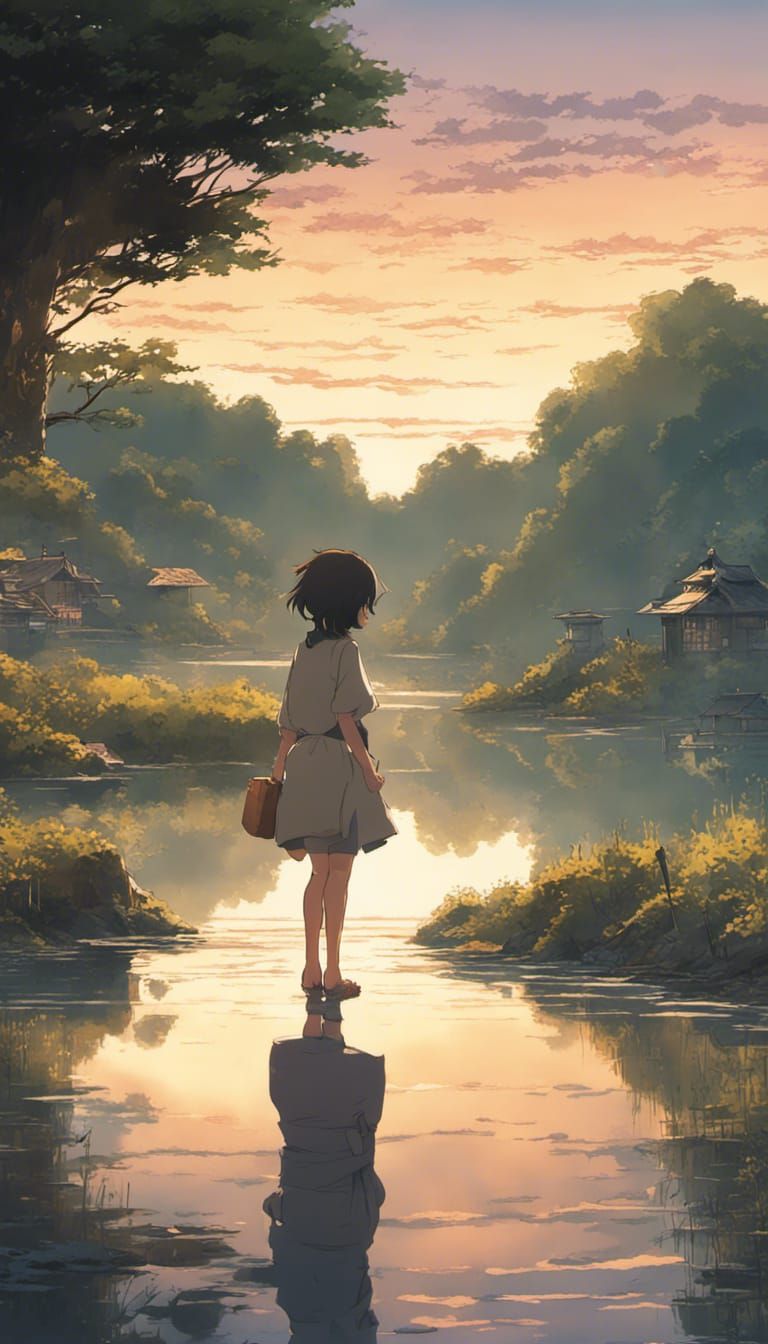 Girl at Lake Sunrise in Studio Ghibli Style