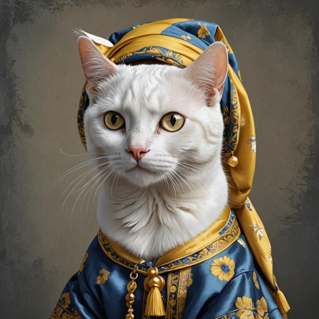 A hyper-realistic digital artwork of an adorable cute white cat in the style of Johannes Vermeer's 'Girl with a Pearl Ea...