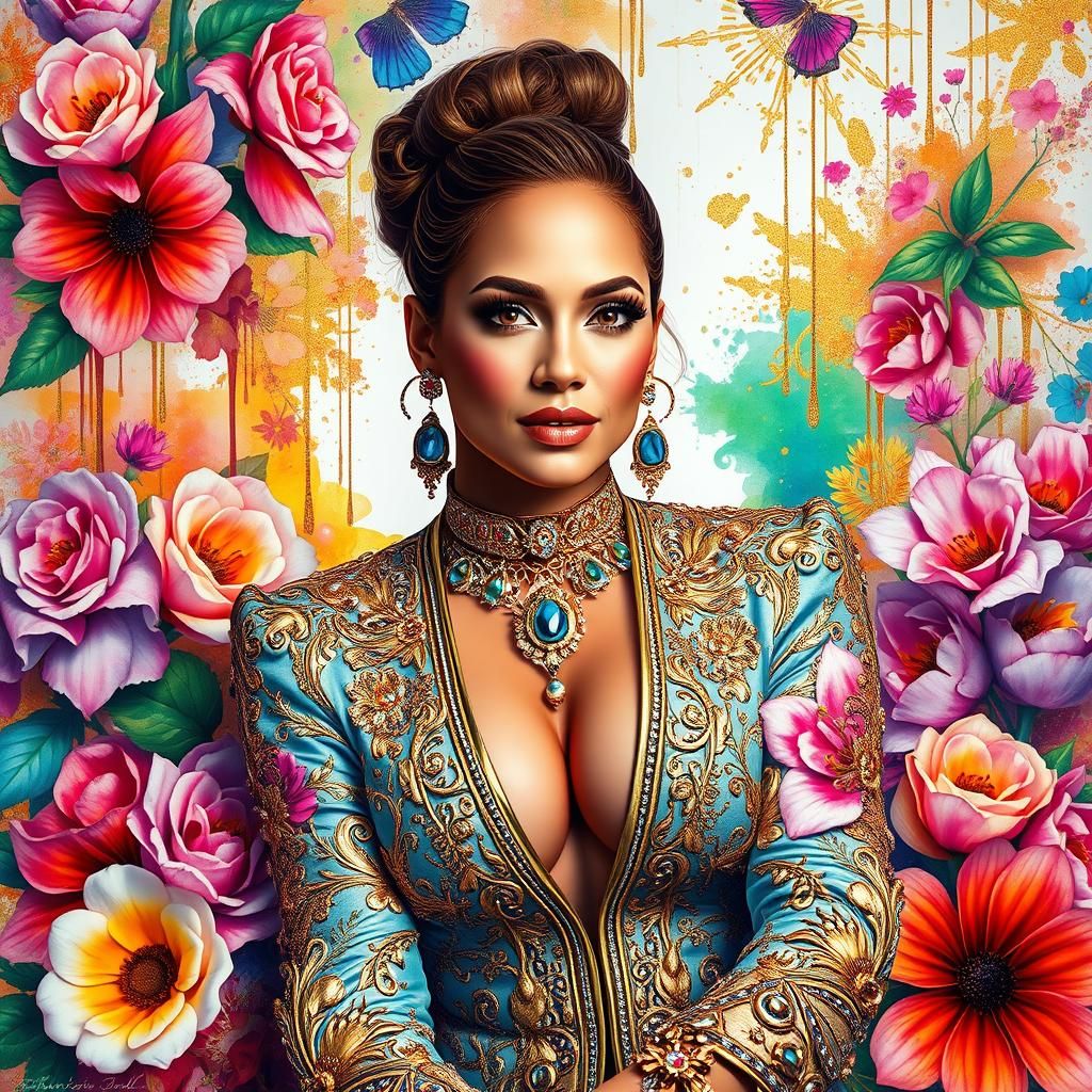 Jennifer Lopez Portrait in Lavish Floral Art