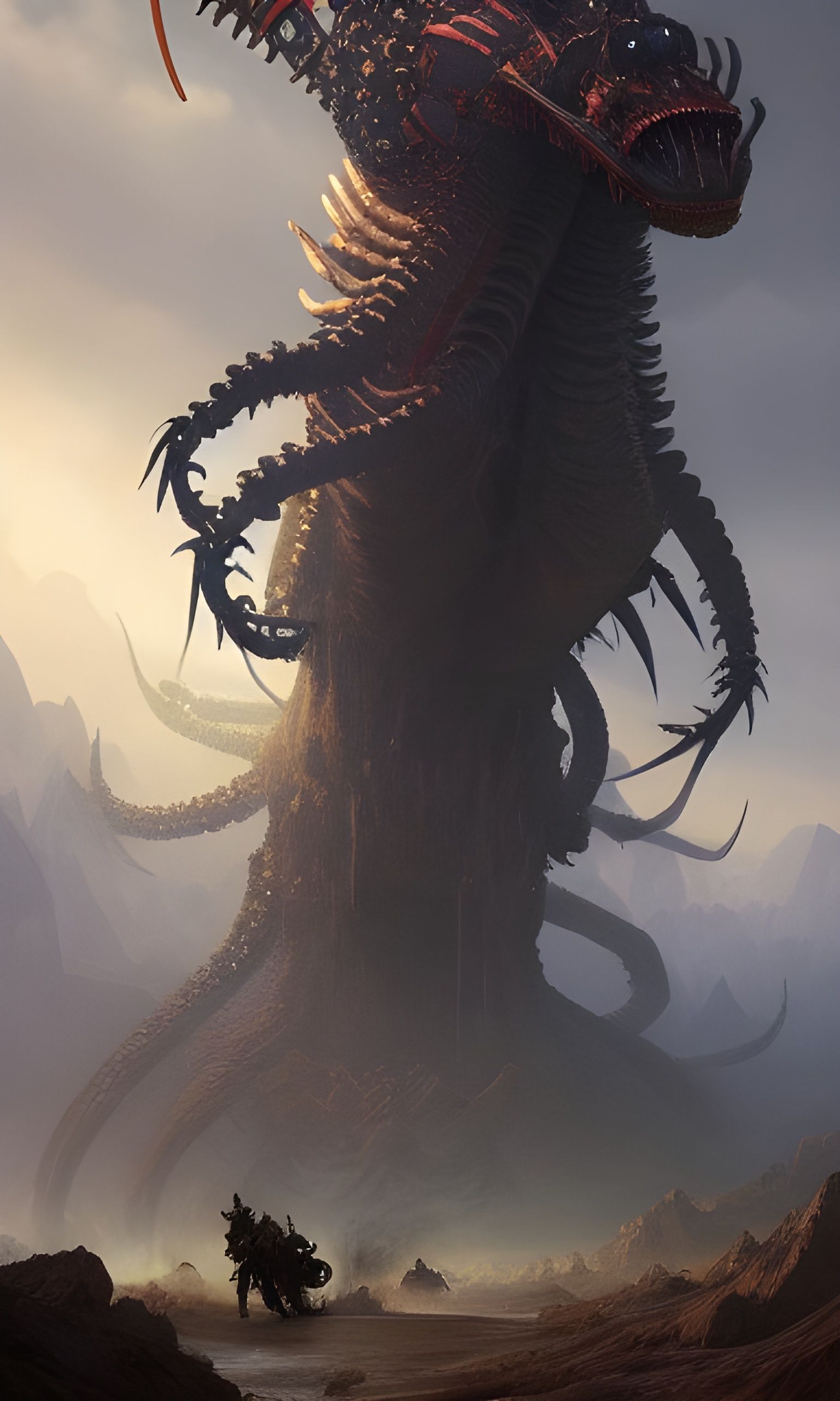 Knights Ride War Centipedes in Ethereal Landscape