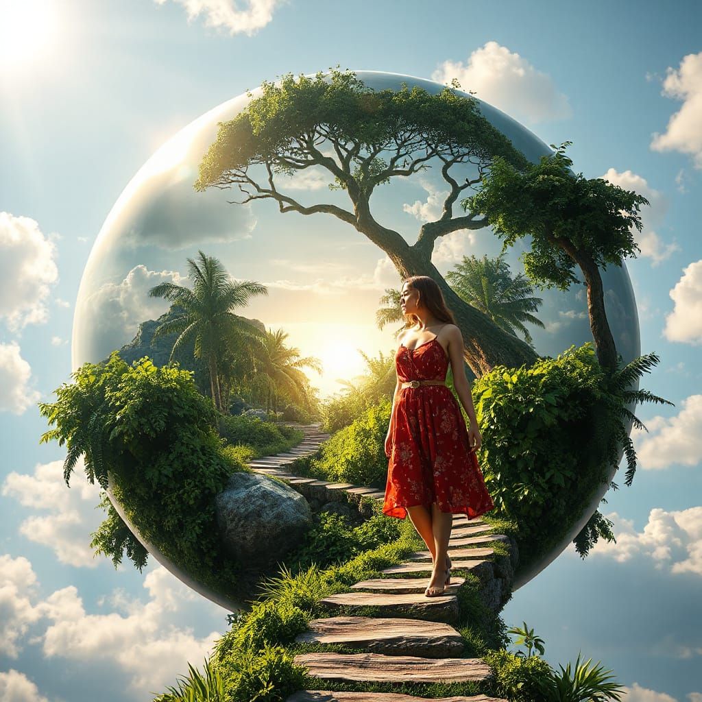 3D Earth with Tropical Landscape and Woman