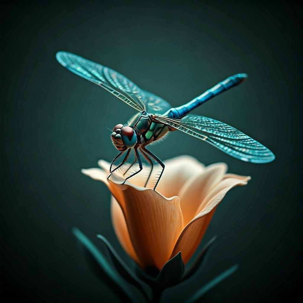 Hyper-Realistic Dragonfly on a Delicate Flower Petal
