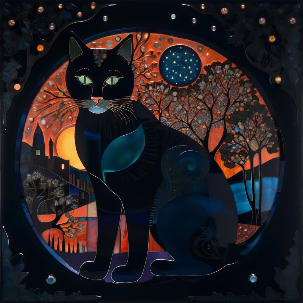 Whimsical Glass Cat Artwork at Night