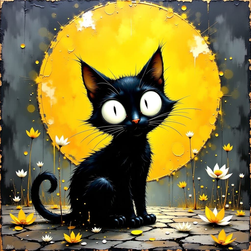 Cartoon Black Cat Under Moon in Impasto Style