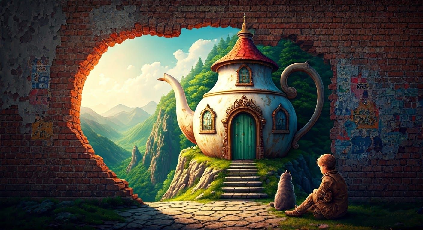Surreal Teapot Castle in Dreamlike Watercolor
