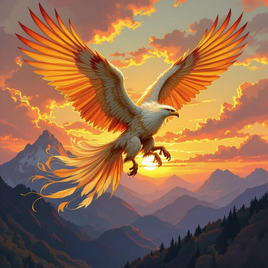 Golden Griffin Soaring at Sunset, Art Nouveau Style