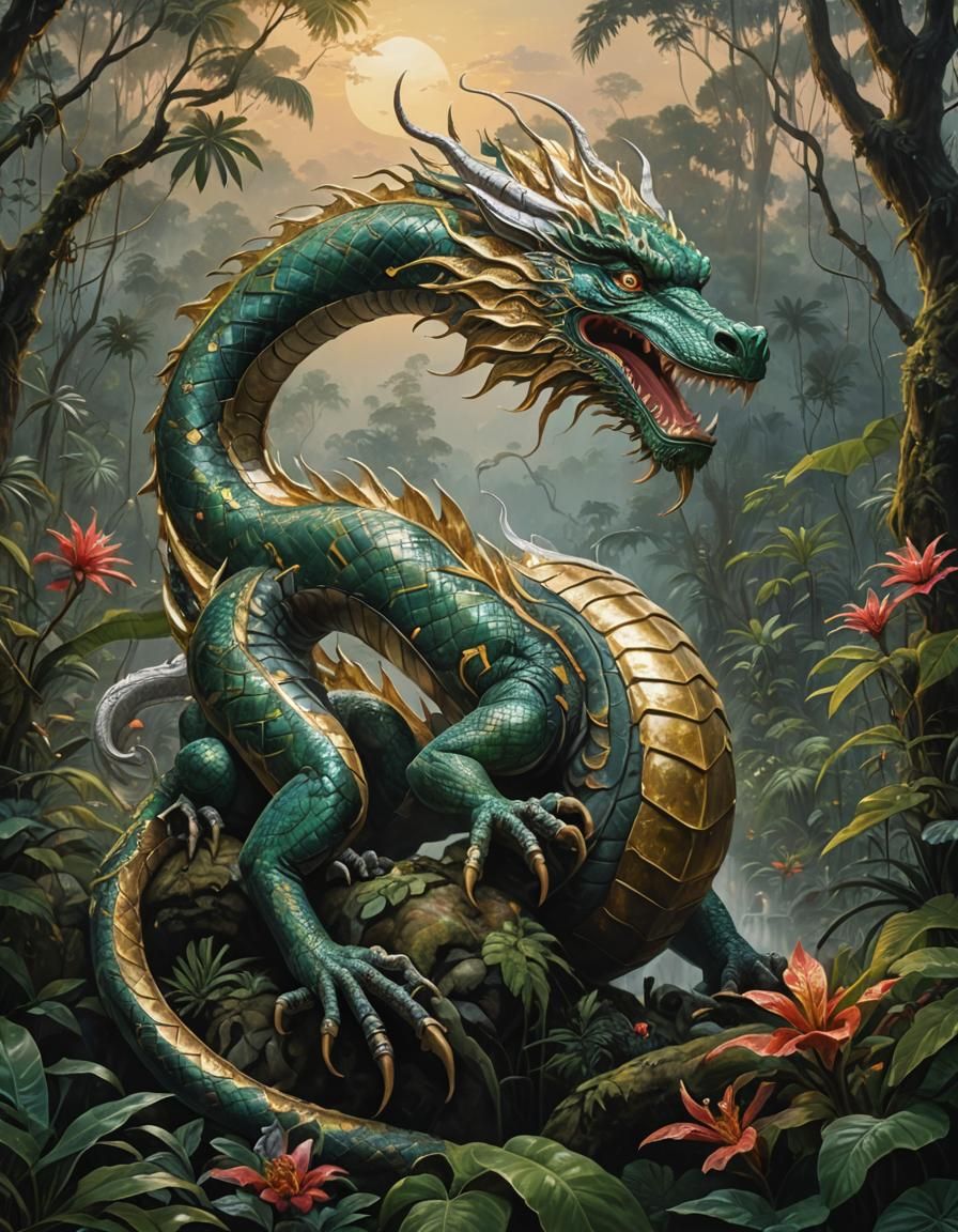 Majestic Dragon in Mystical Rainforest Twilight