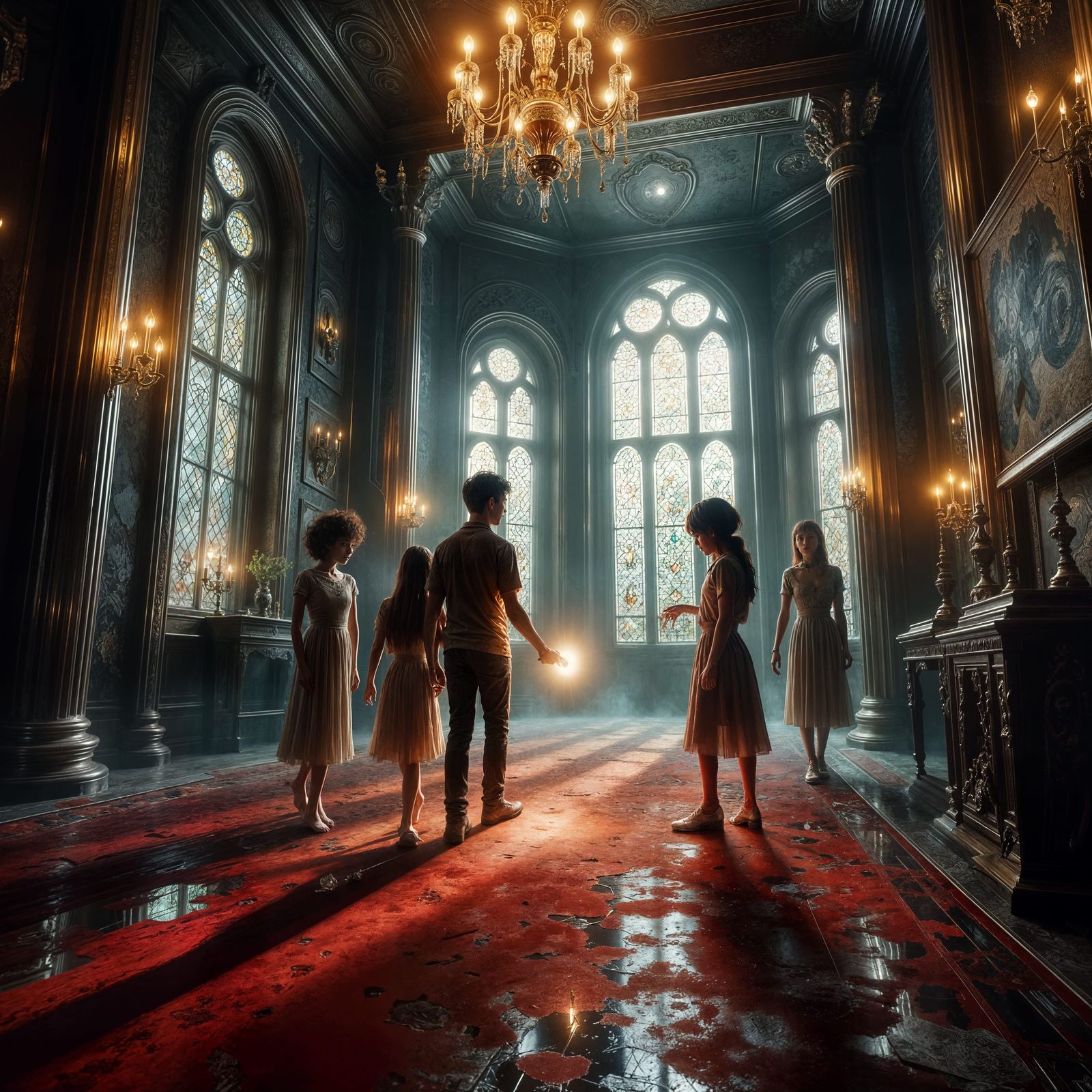 Teens Explore Haunted Gothic Ballroom with Flashlight