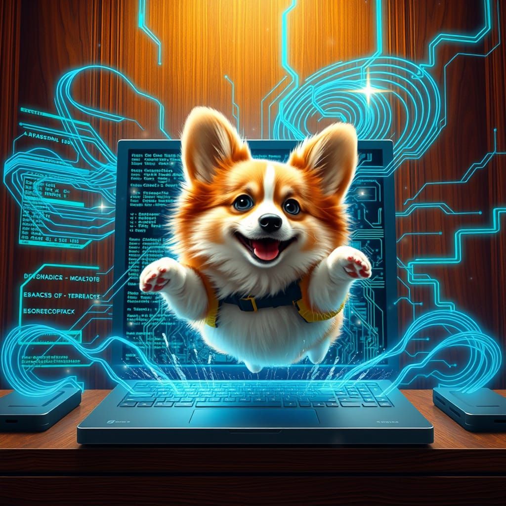 Majestic Corgi Escapes Digital Realm in Cyberpunk Style
