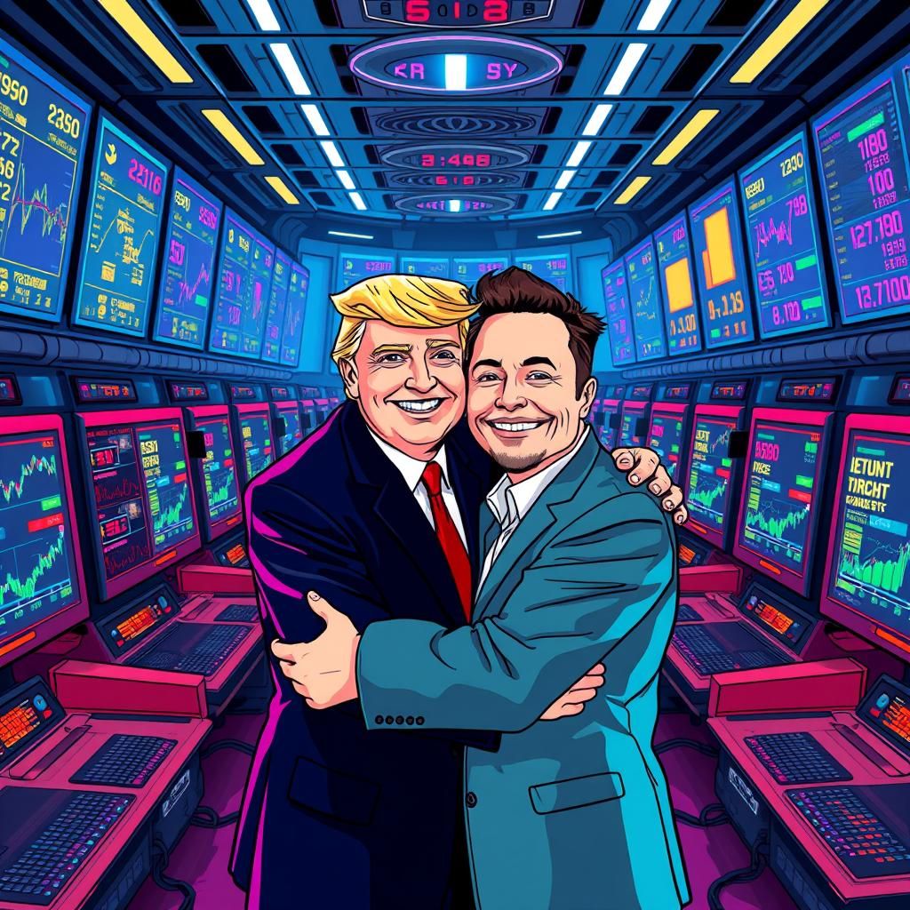 Cartoon of Trump and Musk in Retro-Futuristic Room