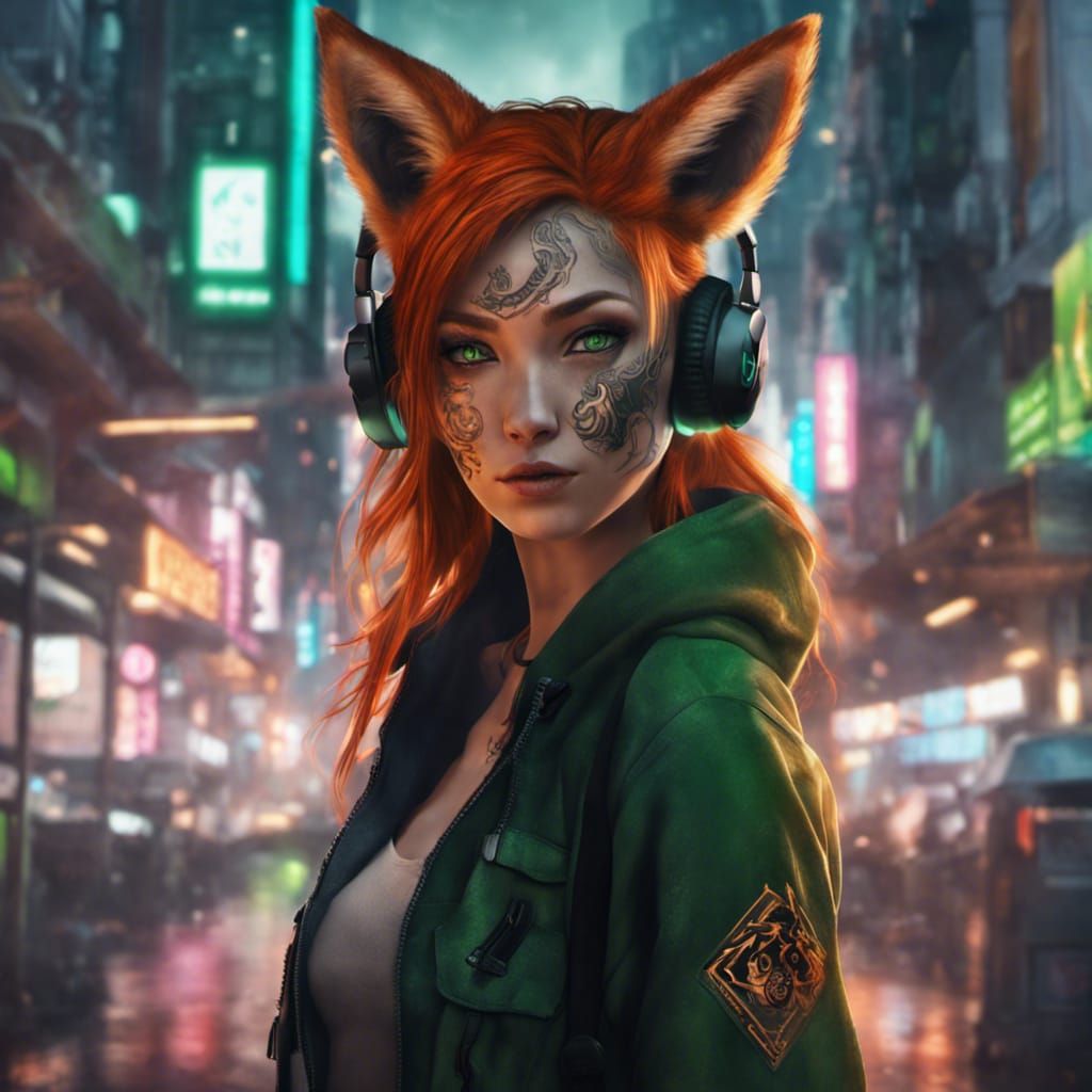 Cyberpunk Kitsune Girl with Headphones and Tattoos