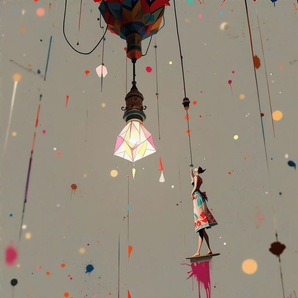 Vibrant Papercraft Ceiling with Origami Folds in Graffiti Ar...