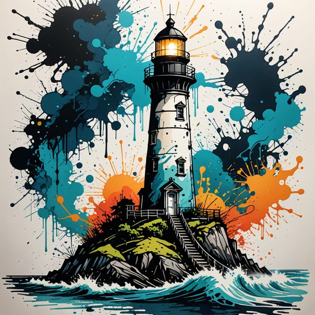 Colorful Inkpunk Lighthouse Graffiti Art