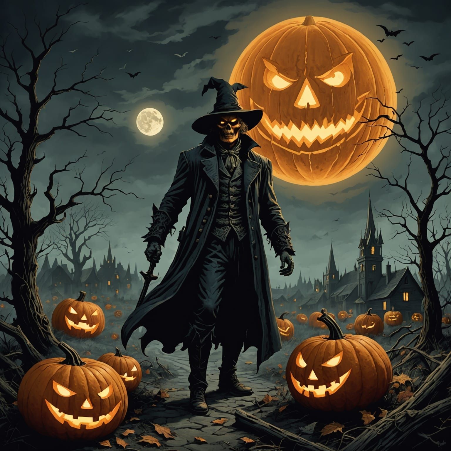 Horror Jack O'Lantern Moon in Engraving Style