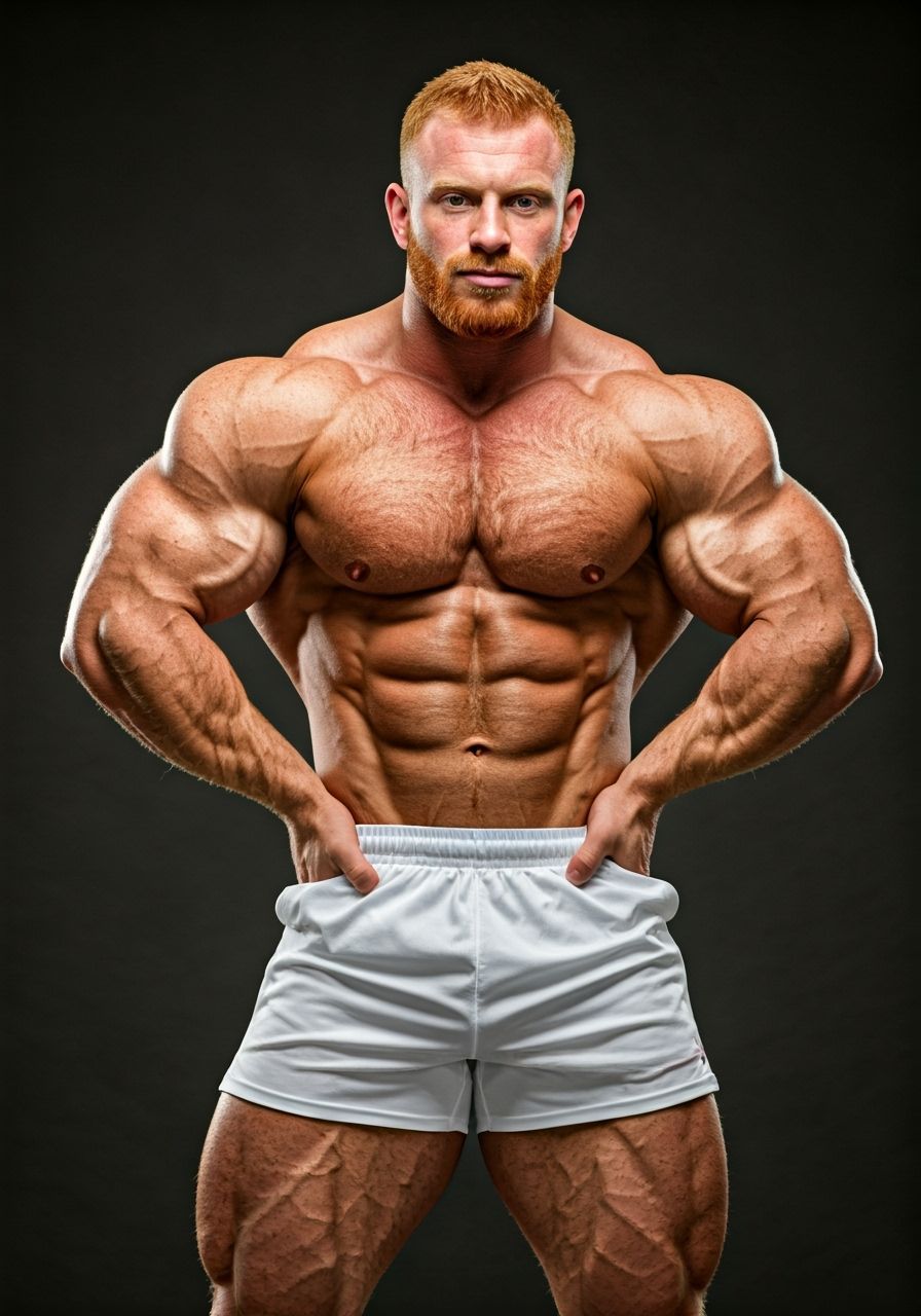 Hypermuscular Ginger Bodybuilder Posing Seductively