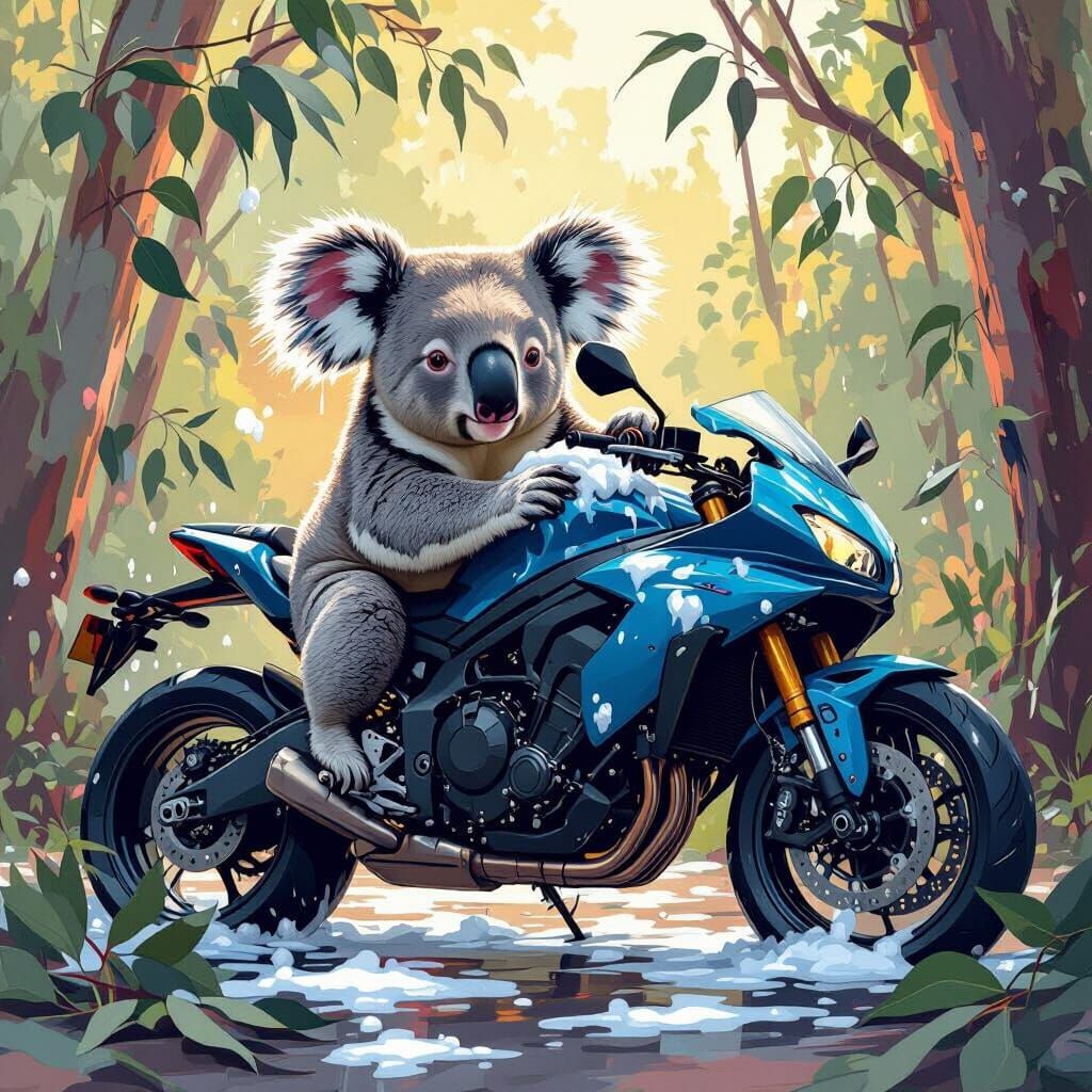 Koala Washes Motorcycle with Eucalyptus Leaves