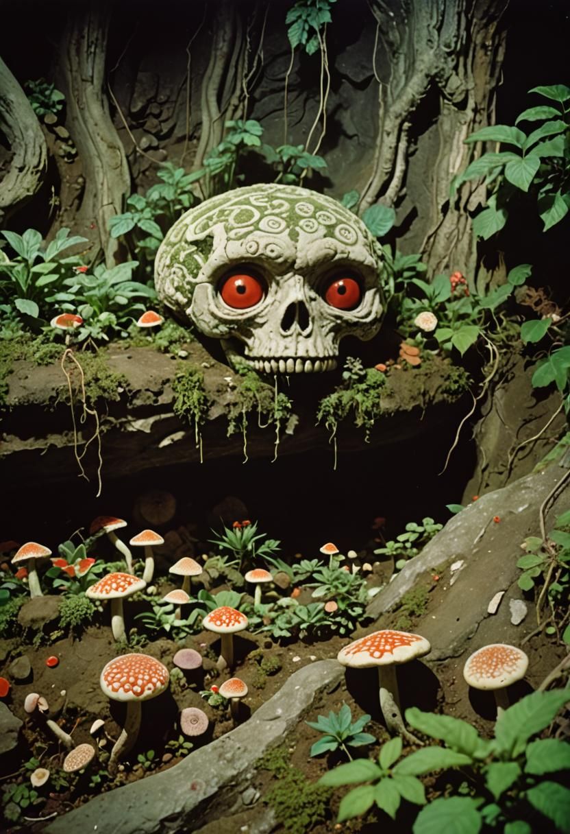 Psychedelic Grotto Garden in 1970s Film Style