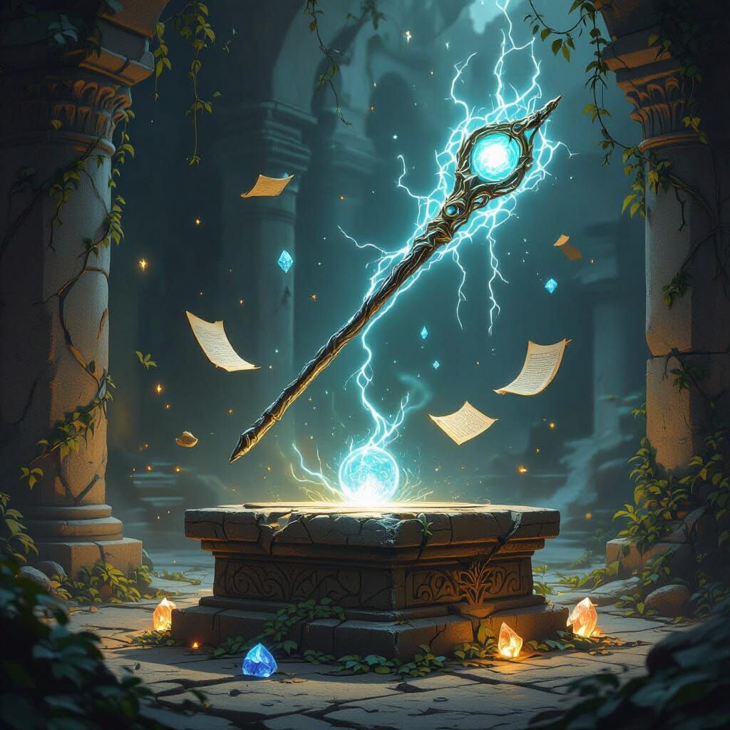 Magical Wand Floating Above Ancient Stone Pedestal