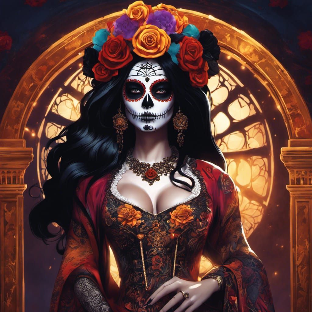 Stunning Day of the Dead Woman in Anime Style