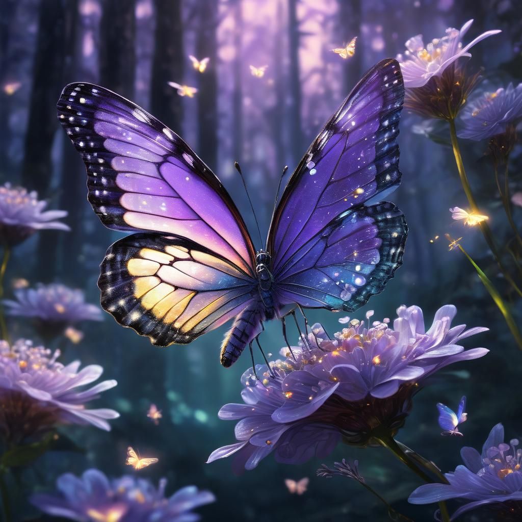 Lilac Butterfly on Crystalline Flower: Fantasy Art