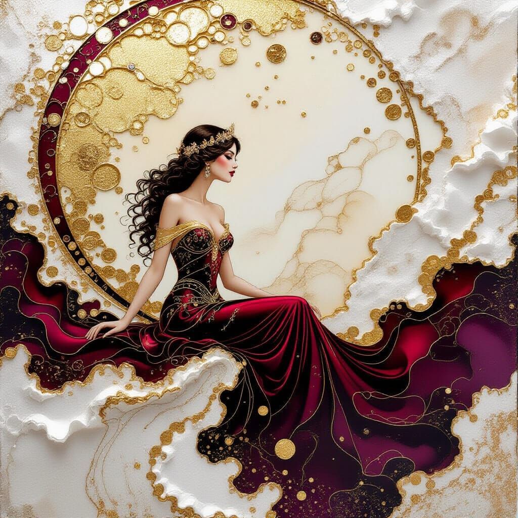 Ethereal Gold and Burgundy Lady of the Lake in Bubbles