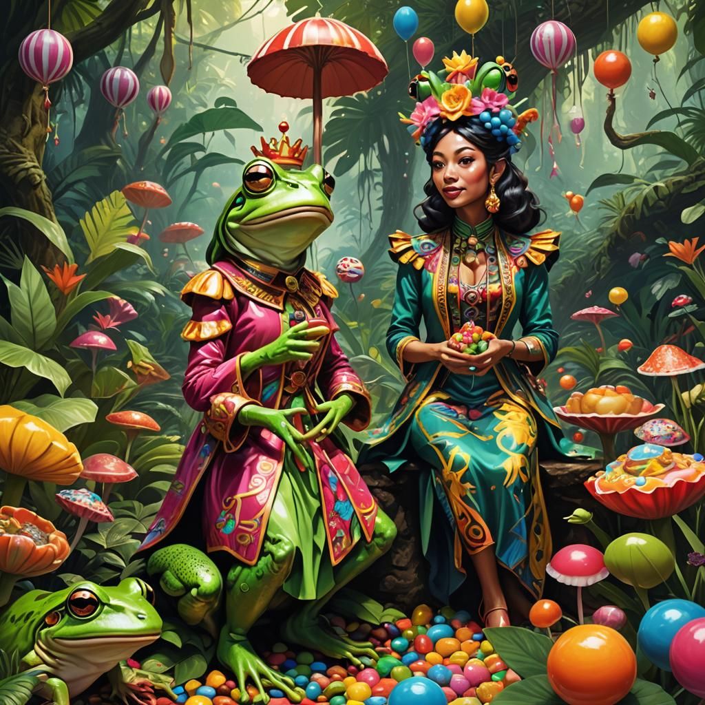 Woman and Frog in Jungle, Candy Art Style