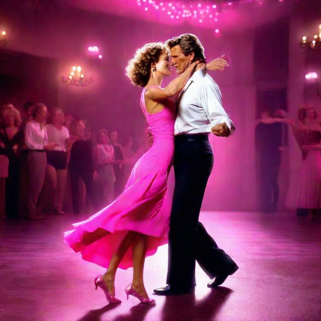 Patrick Swayze in black tight pants and white shirt, jennifer grey in a pink dress, dirty dance, scene they are dirty da...