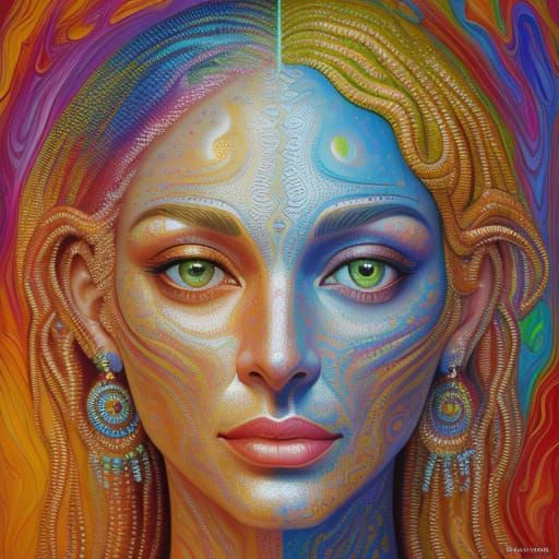 Woman's True Face in Vibrant Neo-Impressionist Landscape