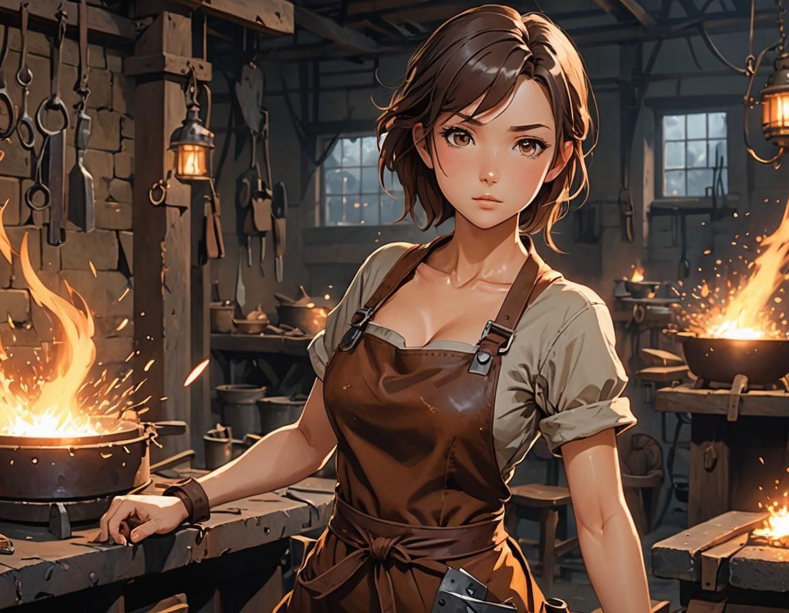 Female Blacksmith in Leather Apron, Anime Style