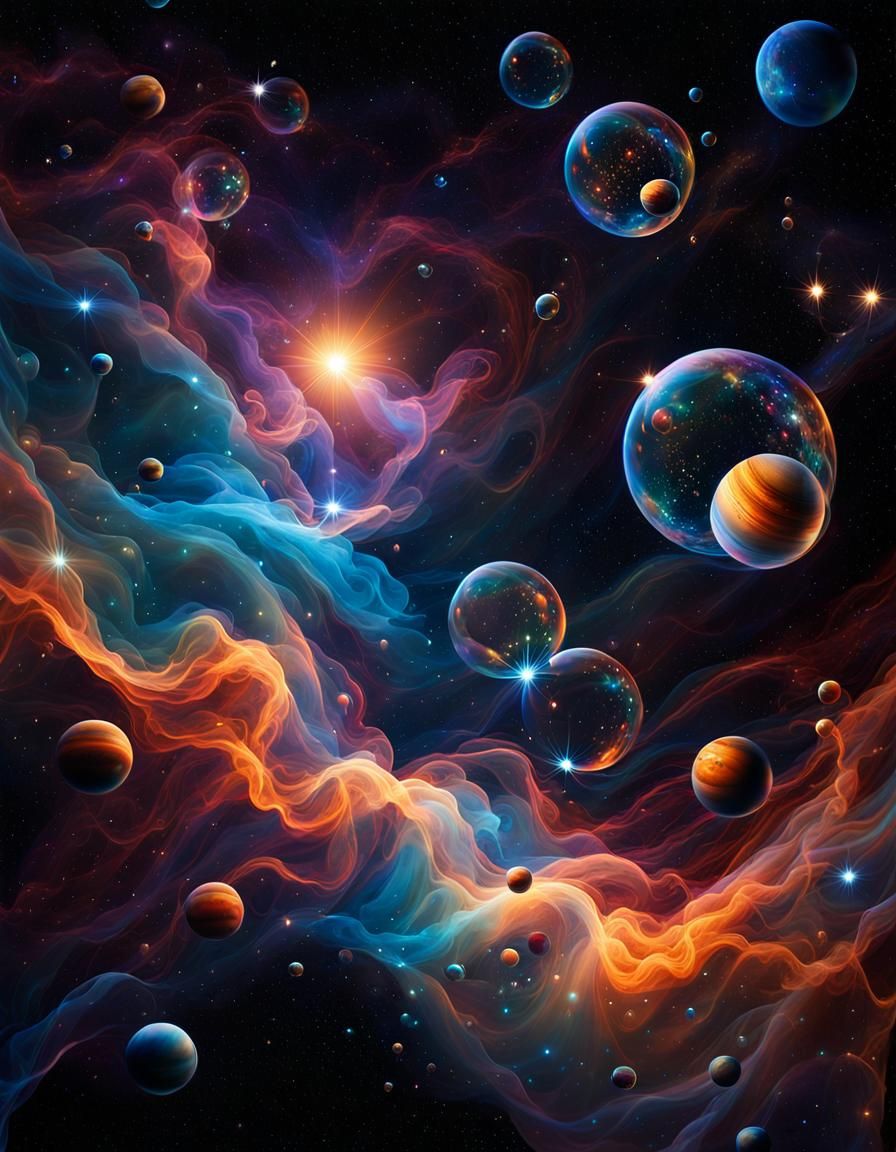 Cosmic Soap Bubbles Reflecting Nebulae in Hyperrealism