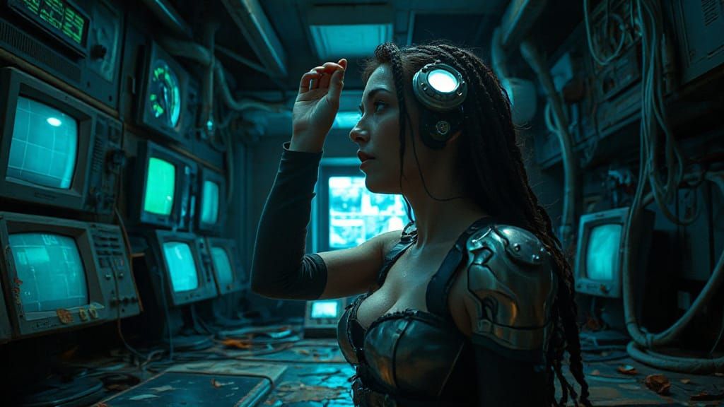Cyborg Woman in a Forgotten Control Room