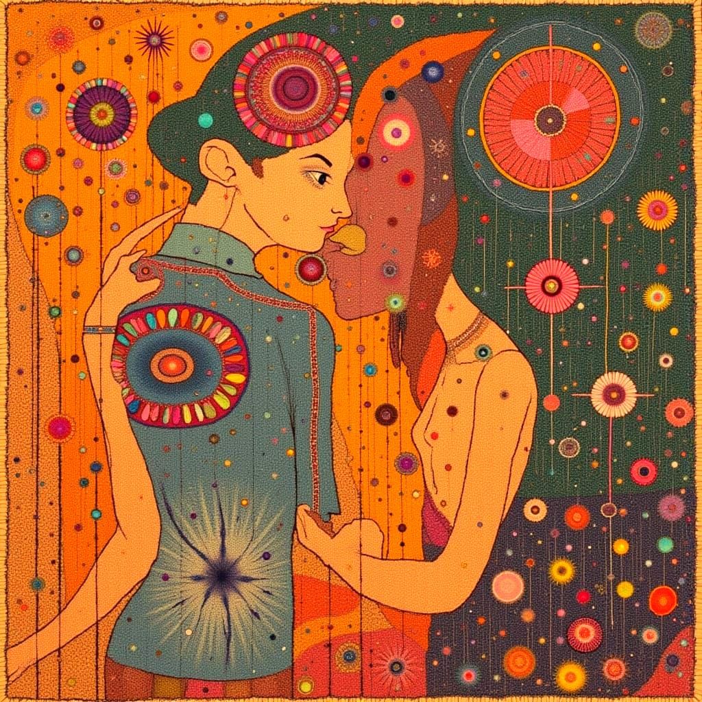 1960s Woman Model Climbing Man's Shoulders in Woven Rug Styl...